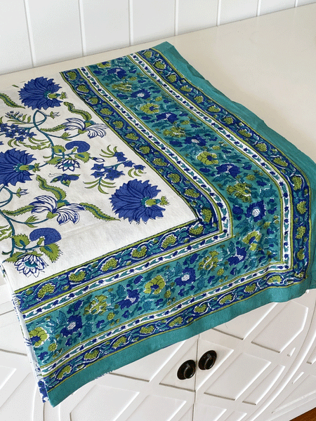 LCA Tablecloth - (270 x 180cm, 8-10 seater) Sea Green, Blue & White
